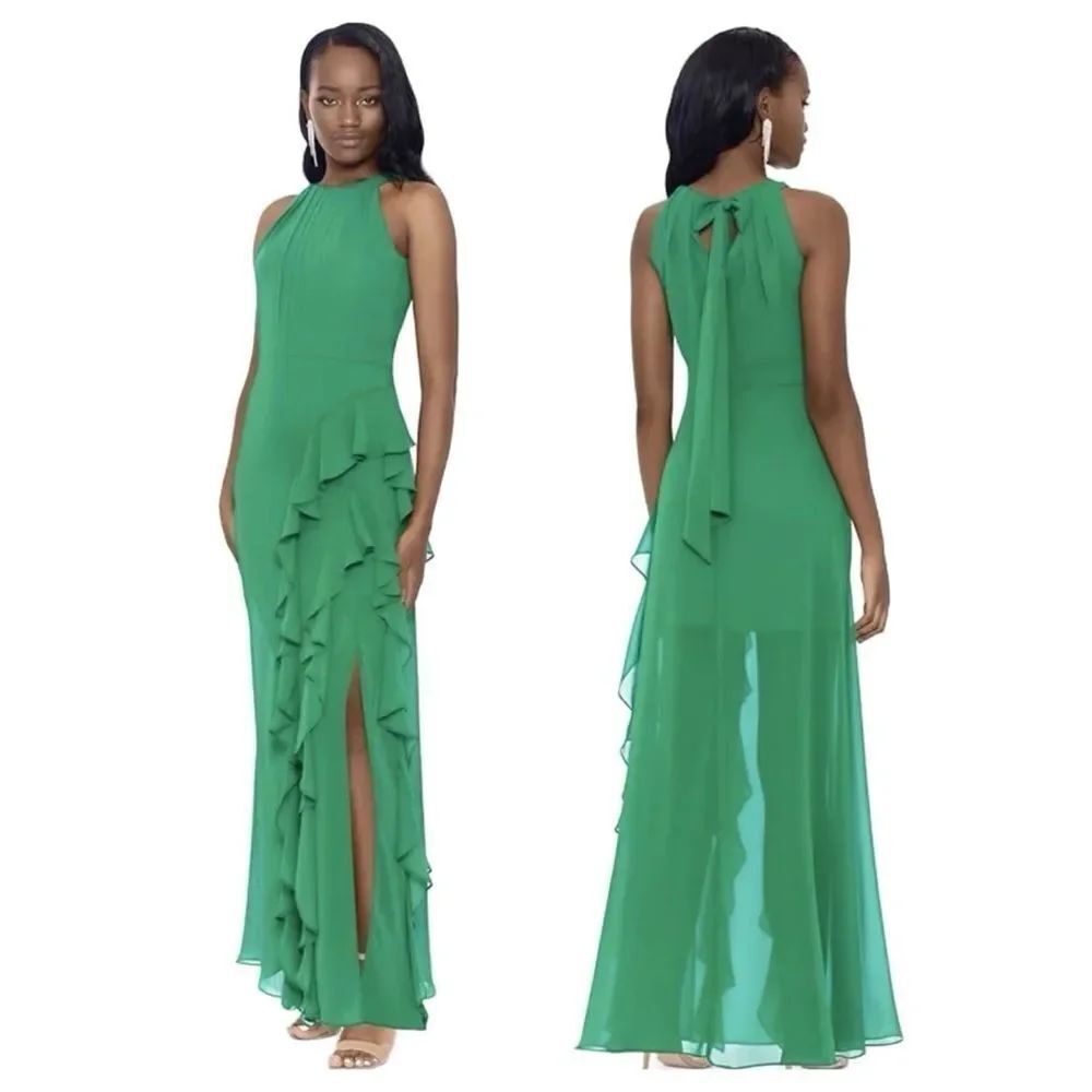 Betsy & Adam #7518268 Green Ruffle Chiffon Maxi Gown Dress Formal